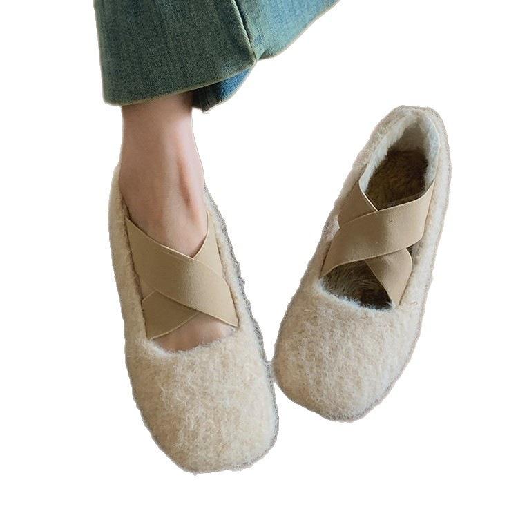 French retro plush Mary Jane cotton shoes cross-strap heightening beanie shoes outer wear