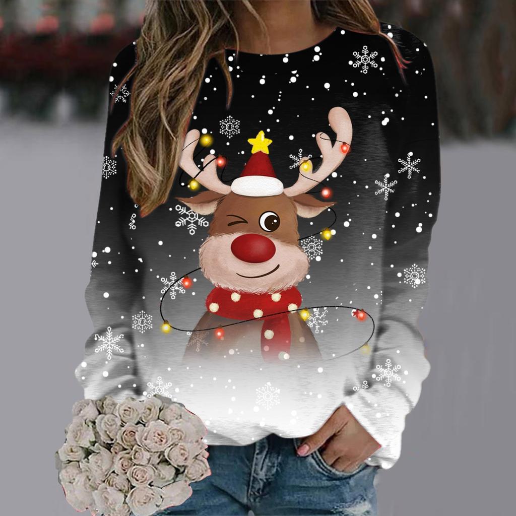 Рождественский свитер для женщин и девочек с рисунком снежинок и оленей, длинный рукав, новогодняя толстовка с принтом