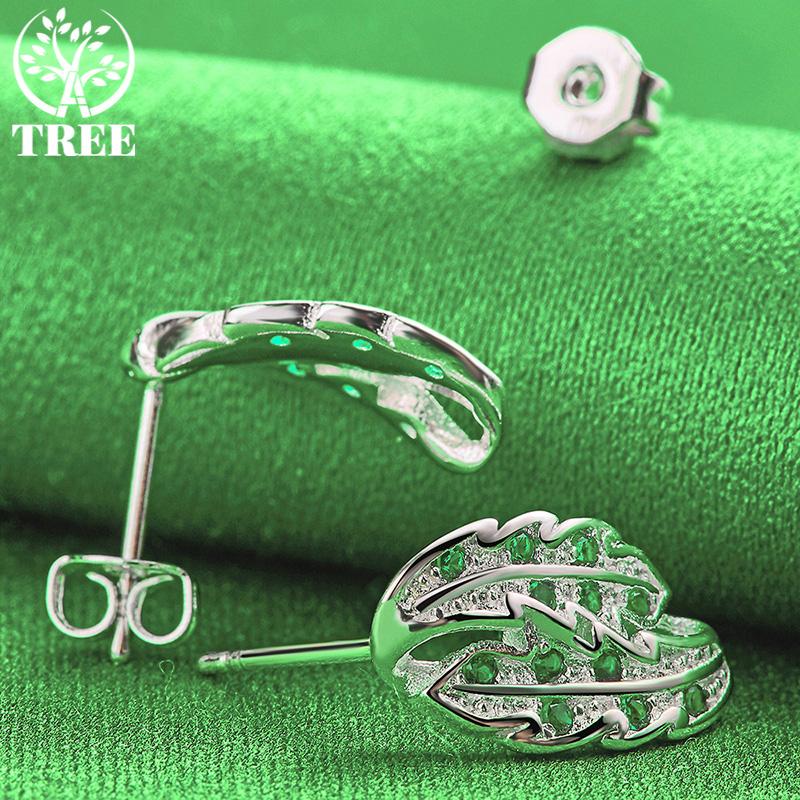 Classic 925 Sterling Silver AAA Zircon Leaf Stud Earrings For Women Creative Jewelry Birthday Christmas Party Gift Accessories
