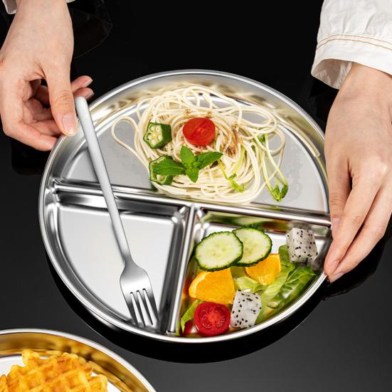Пищевая круглая тарелка с утолщенными краями из нержавеющей стали, 3 сетки, отсек для еды, поднос для еды, кухонные принадлежности