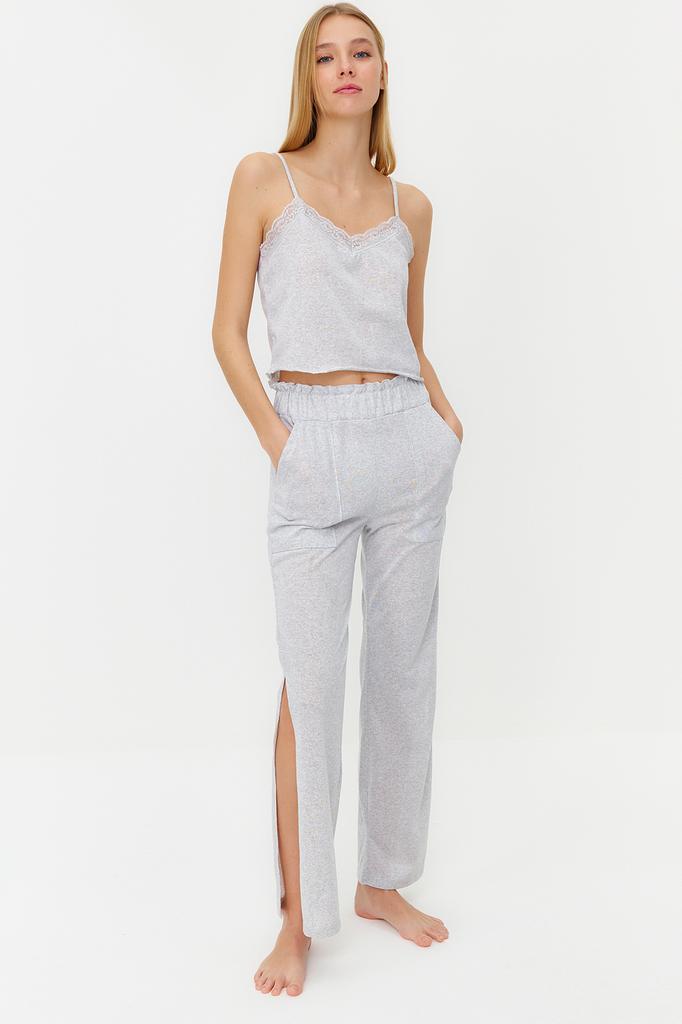 Женский модный новый пижамный комплект, серый меланжевый хлопковый вязаный пижамный комплект с карманом, прорезями и веревочным ремешком