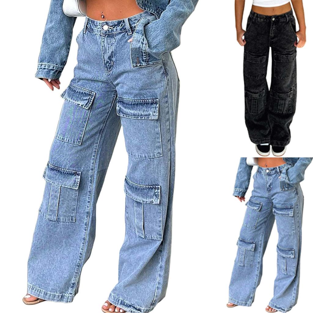 Women Hip Hop Baggy Jeans Wide Leg Mid-Low Waist Jeans Loose Boyfriends Jeans Vintage Denim Pants