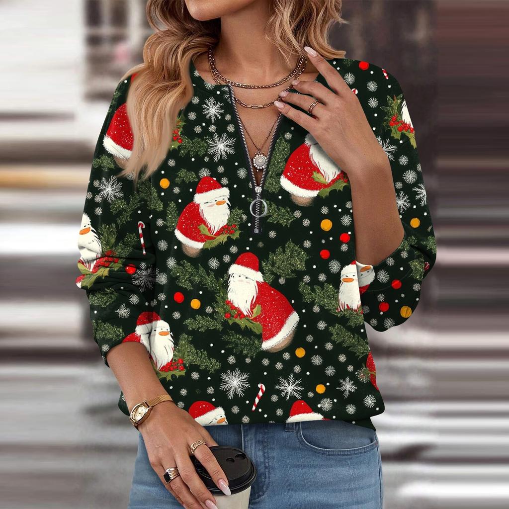 Женский повседневный свитер с длинным рукавом и застежкой-молнией на четверть дюйма с принтом, повседневный топ, осенняя одежда на Рождество