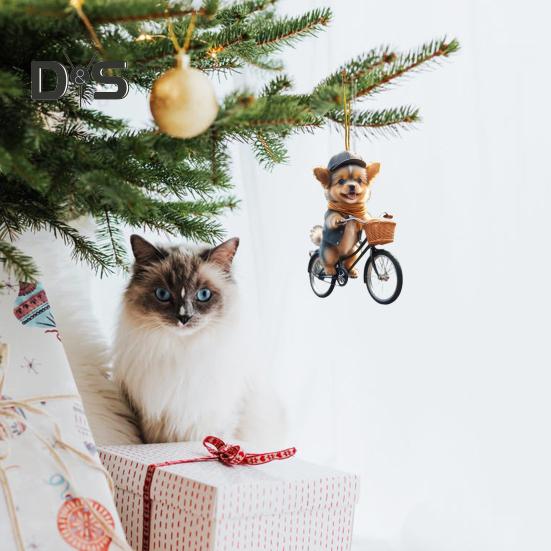 Украшения для рождественской елки, реалистичный щенок, едущий на велосипеде, подвеска, 2D, плоская, с двойной печатью, акриловое подвесное украшение для елки, домашний декор