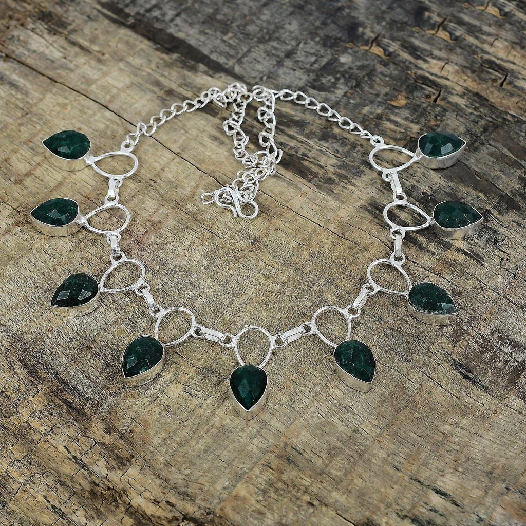 Sakota Mines Emerald Silver Necklace, Green Color Necklace, Gemstone Necklace, 925 Sterling Silver Jewelry, 925 Silver Crystal Dainty Necklace For Her