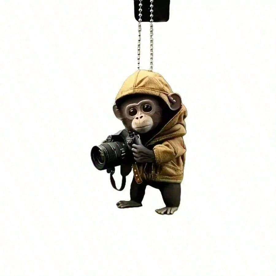 Christmas Vehicle Ornament - 1 Contemporary Camera Monkey Hanging Charm - 2D Flat Adornment for Auto & Home Seasonal Gathering