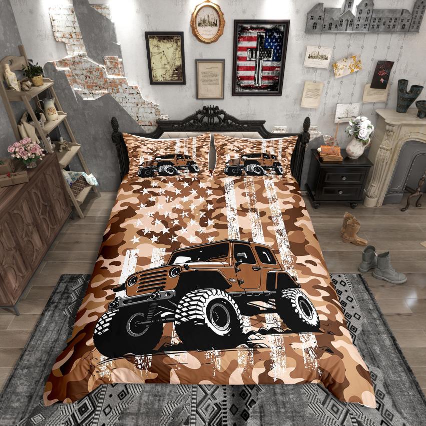 Homewish American Flags Duvet Cover Set,Retro Camouflage Comforter Cover Set,Green White Bed Set For Teens