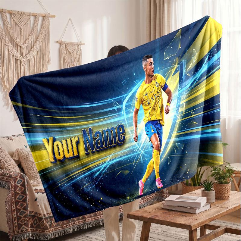 Cristiano Ronaldo Personalized Fleece Blanket With Football Logo, Custom Name Text Soft Warm Home Throw Blanket