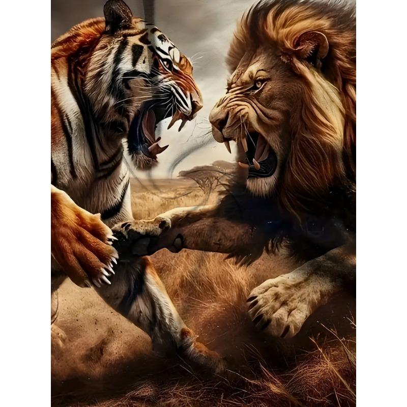 3D Beast Battle Lion and Tiger Printed T-Shirt for Men Cool Animal Graphic Short Sleeve Tees Trendy Casual Round Neck Summer Pullover Streetwear Tops