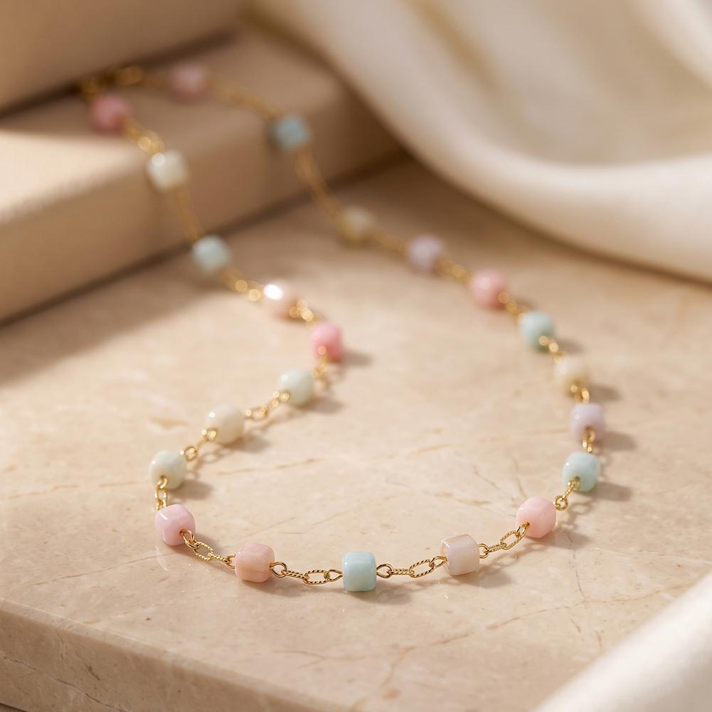 Multicolor Square Shell Beaded Chain Necklace for Women Gold Plated Stainless Steel Adjustable Handmade Fashion Neck Jewelry