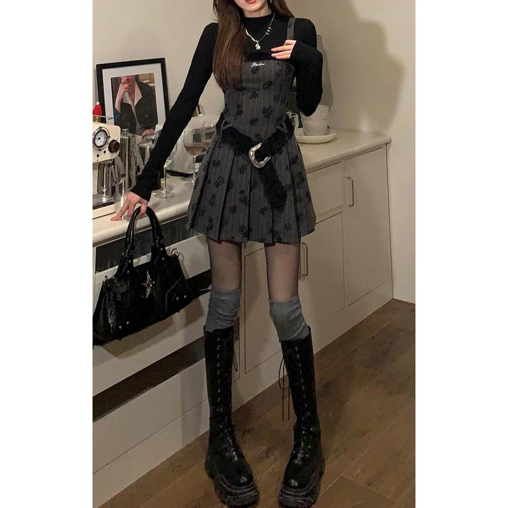 Spring Women's Y2K Vintage Spaghetti Strap Dress 2 Piece Set Black Gothic Dresses Sundress With Half High Collar Tops