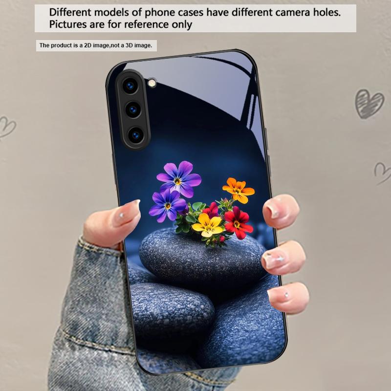 Цветы из мелких камней Для Samsung Galaxy S20 S21 S22 S23 Plus S24 FE S25 Ultra S26 Edge S25+ S20+ S22+ Черный стеклянный чехол для телефона