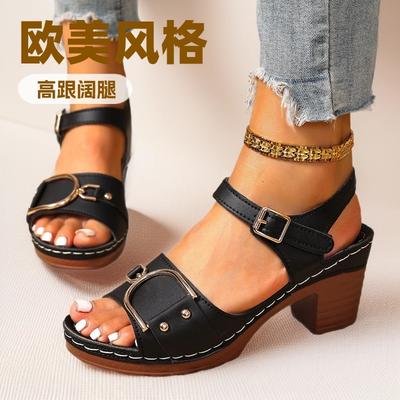Европейские и американские сандалии на толстом каблуке для женской уличной обуви 2025 лето новые сандалии большого размера на высоком каблуке для женской повседневной женской обуви
