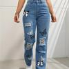 Butterfly Print Ripped Cut Fashion Denim Pants Straight Leg High Waist Contrast Denim Trousers Women