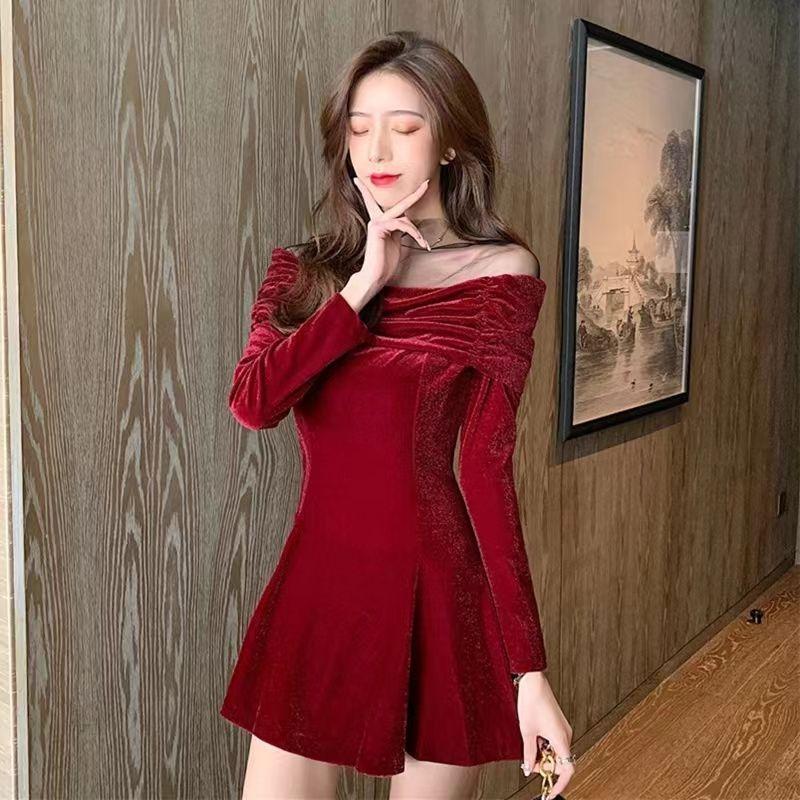 One-word shoulder mesh splicing red long-sleeved dress women's autumn and winter temperament sexy waist a-word dress short skirt
