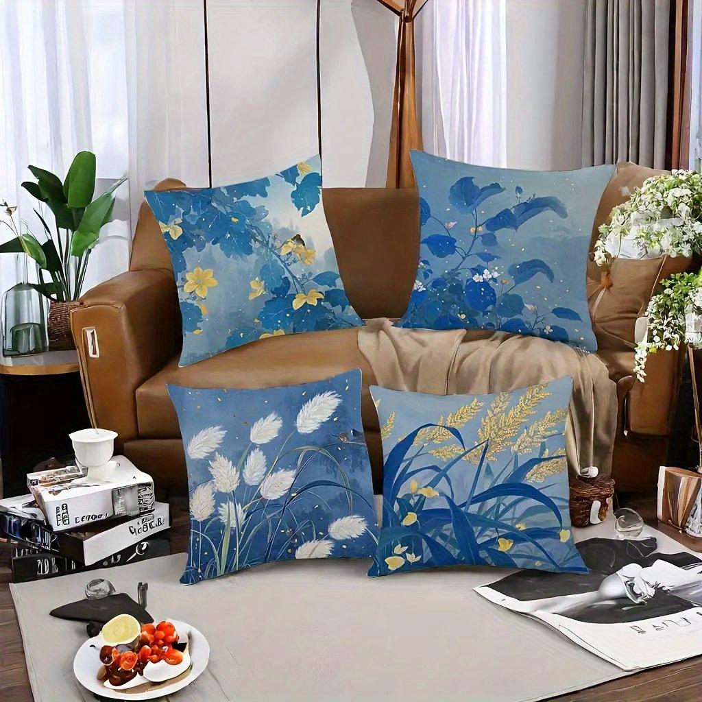 Serene Blue Botanical Pillow Covers, Chinese Ink Wash Floral Grass Art Throw Pillow Cases, Calming Zen Home Decor Cushion Covers