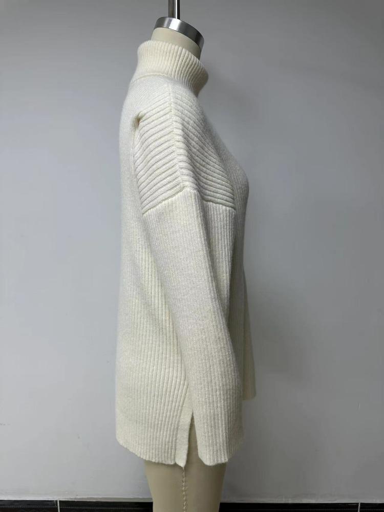 Осень Зима Водолазка Оверсайз Свитер Женский Разрез Длинный Рукав В рубчик Роскошный Расслабленный крой Стройнящий Универсальный Топ