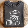 Raccoon UFO Abduction T-Shirt and kids tshirt, Peace Sign Alien Graphic Tee, Outer Space Humor Shirt and kids tshirt