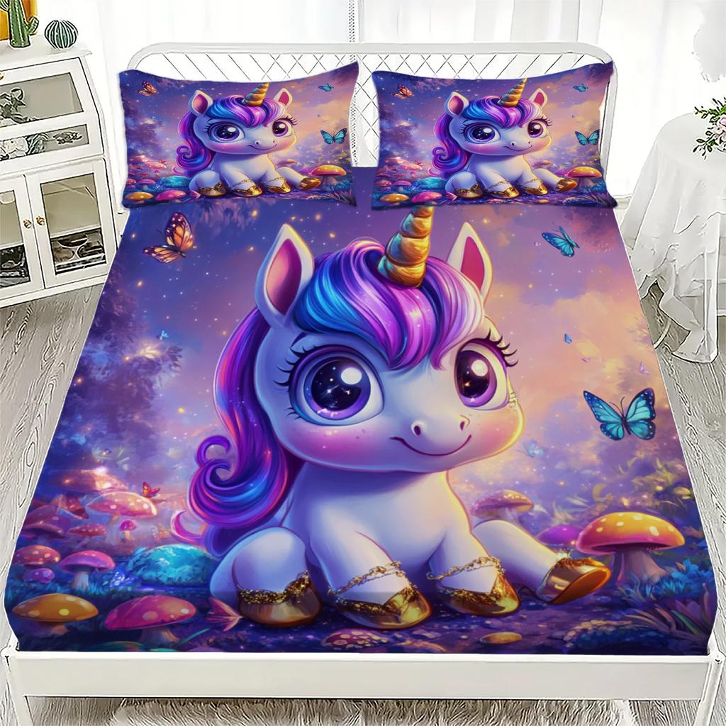 Unicorn Pattern 3D Fitted Sheets Set Cute Kids Bedding with 1/2 Pillowcases  Boys Girls Bedroom Decor