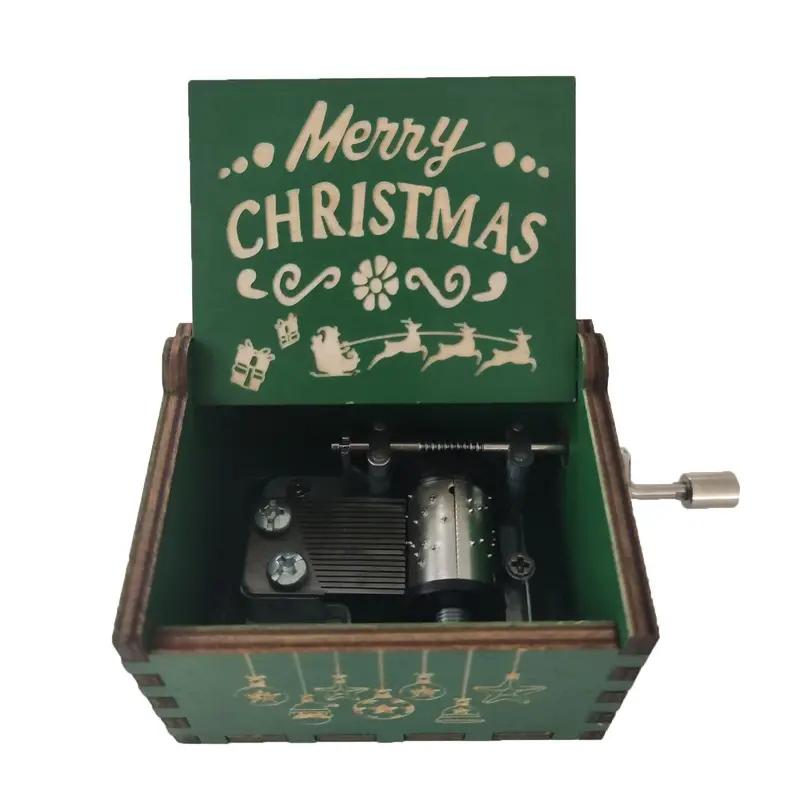 Merry Christmas Music Box Wooden Metal Movement Handheld Christmas Home Office Cafe Decoration Gift Music Box