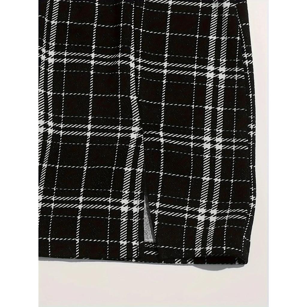 Повседневный комплект из двух частей юбки с цветными блоками, топ с круглым вырезом и длинными рукавами и клетчатые юбки, женская одежда