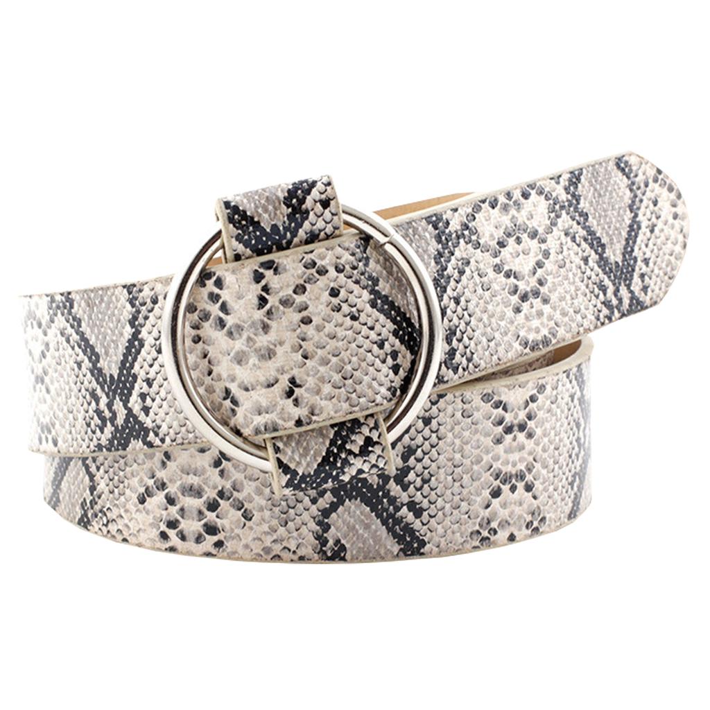 Women No Pin Circle Buckle Wide PU Belt, Snake Leopard Print Animal Pattern Decorative Waist Belt for Dresses Jeans