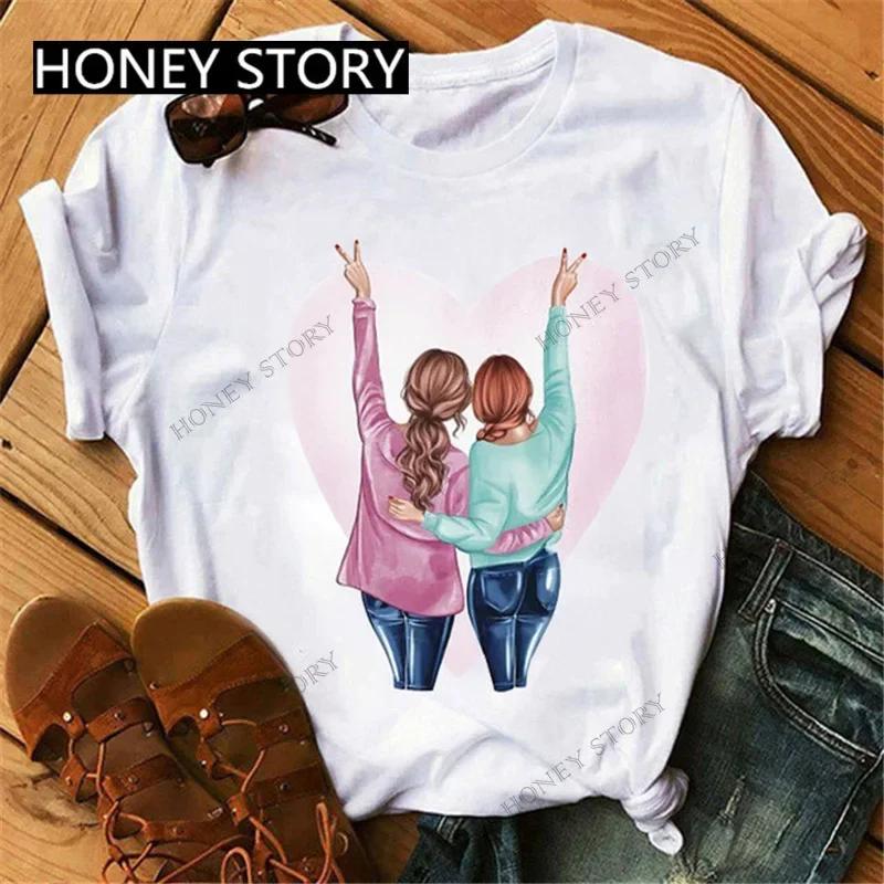 Summer Fashion Best Friends T-Shirt Short Sleeve Graphic Tees for Ladies Good Friend Bestie Sister Outfit Polyester Fabric