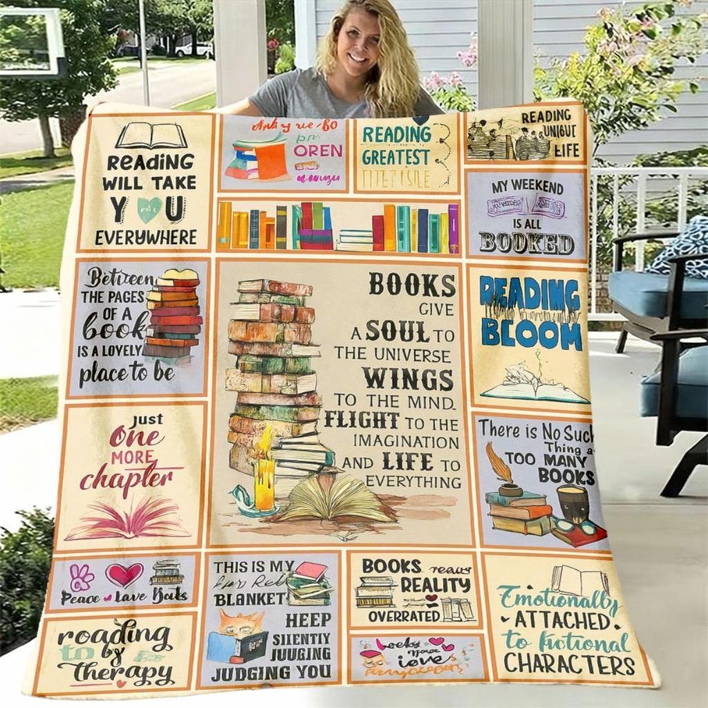 1pc Contemporary Polyester Blanket with Book Lover Quotes And Reading-Themed Illustrations All-Season Cozy Throw for Bookworms, Librarians, Book Clubs