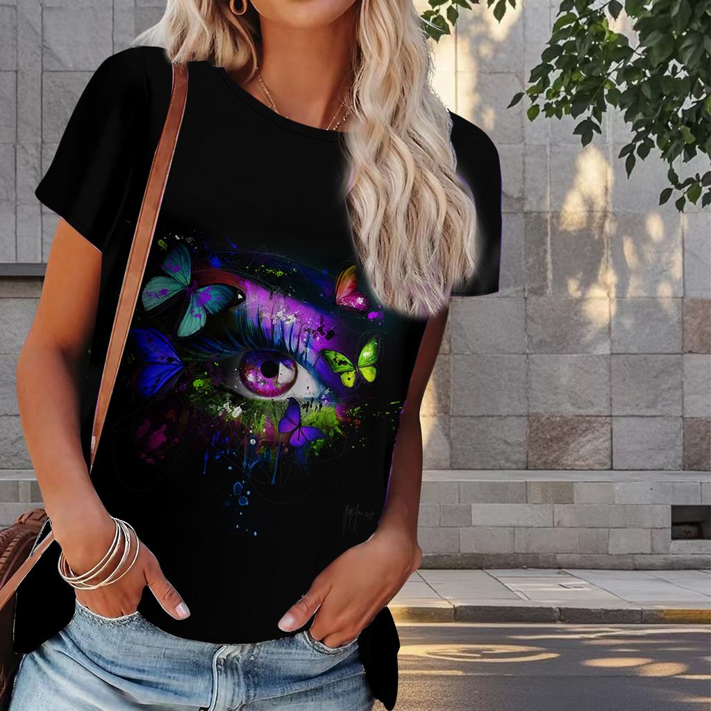 Women Summer T Shirt Eye Print Retro Fashion Short Sleeve Tees Casual   Printed  Tops