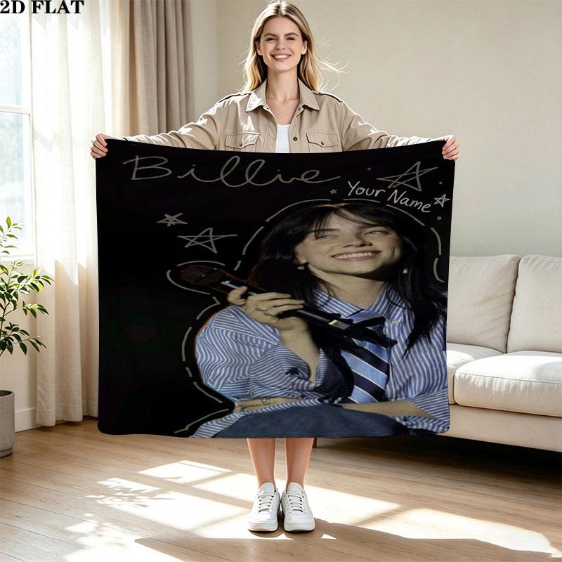 1PC Billie Eilish Custom Name Patterned Flannel Blanket Suitable For All Seasons for Home Decor Warmth and Comfort Gifts Holiday Present