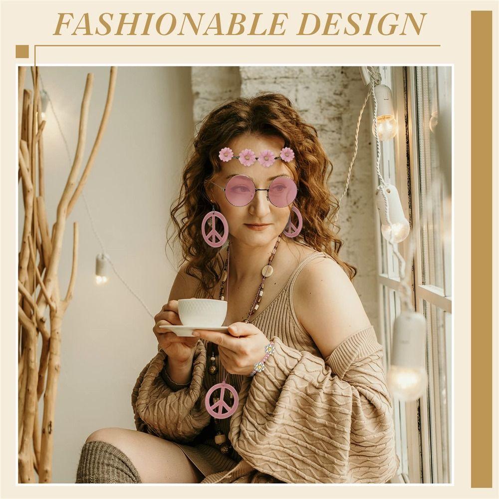 Boho Peace Sign Women's Hippie Costume Set 60's 70s Style Necklace Earrings  for Groovy Party Girls