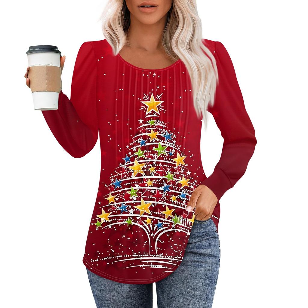 Рубашки с длинным рукавом для женщин, топы, нарядные повседневные блузки с рождественским принтом, плиссированные туники с круглым вырезом