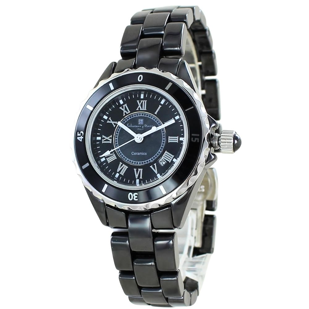 Salvatore Marra Gift Set Salvatore Marra Quartz Watch with Roman Numerals and Ceramic Strap 1 (Pre-wrapped) Women's (No. Black)