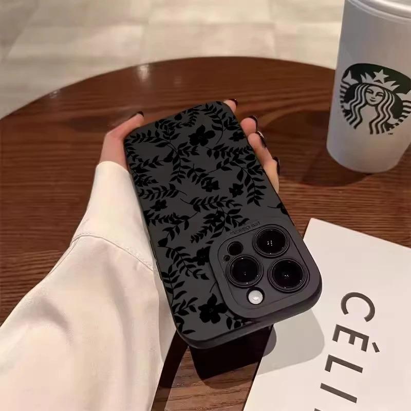 Простой черный мягкий чехол для телефона с принтом в виде розы для iPhone 17 Air 16 Чехлы iPhone 15 Pro Max 16E 14 12 13 11 XS XR X 7 8 Plus
