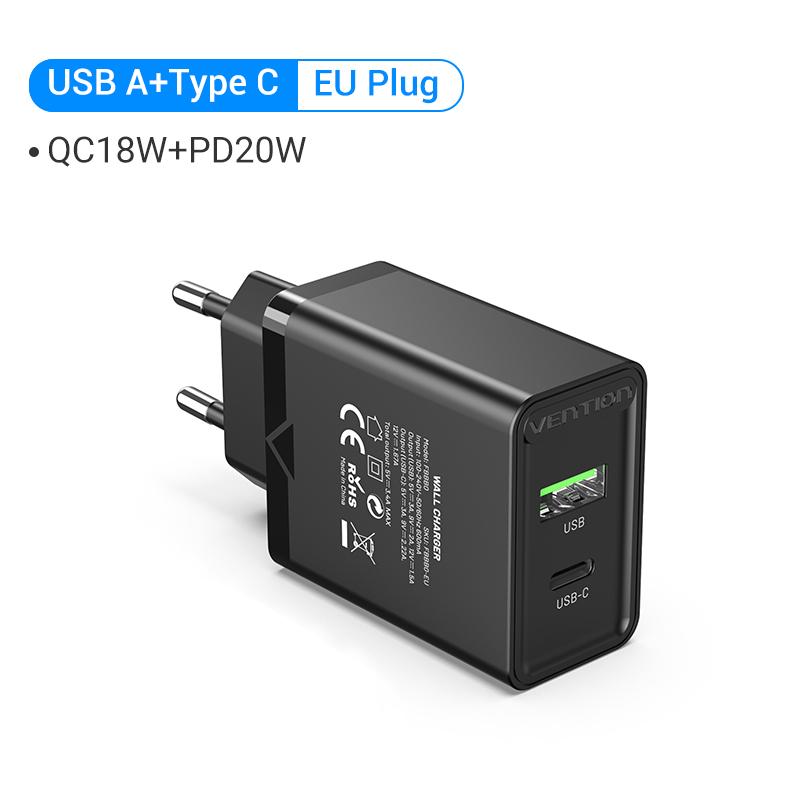 38W Fast USB Charger Vention Type C PD Fast Charging for iPhone 13 11 USB Quick Charge with QC 4.0 3.0 USB Portable Phone Charge