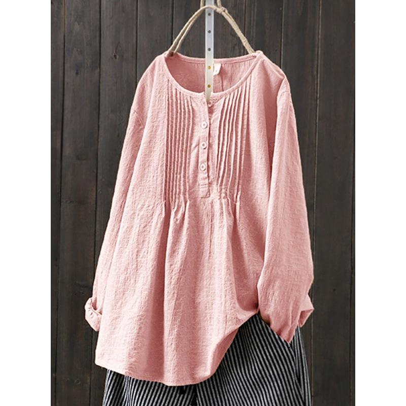 HNXC Свободная хлопково-льняная женская рубашка с длинным рукавом, плиссированная, с круглым вырезом, большого размера