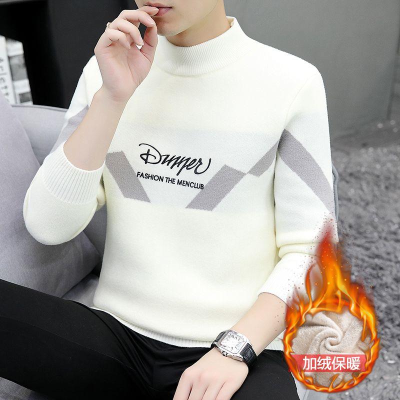 Men's Autumn Winter Turtleneck Flocking Letter Pullover Solid Long Sleeve Sweater Knitted Casual Undershirt Vintage Loose Tops