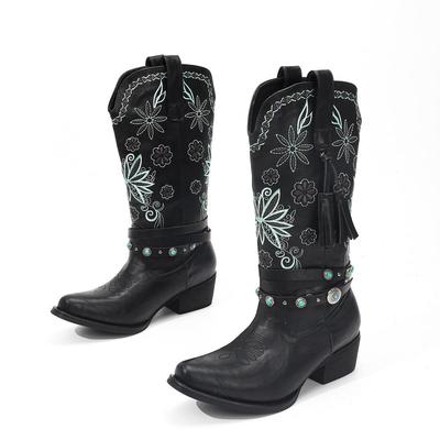 Модные сапоги до середины икры с острым носком и массивным каблуком, с вышивкой, размеры США 5-14, европейский и американский стиль