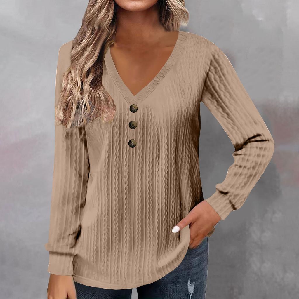 Women's Fashion Long Sleeve Solid Colour V-Neck Button T-Shirt Printed Casual Top