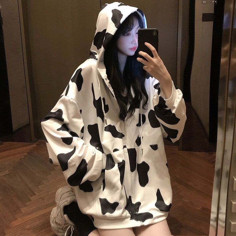 Women Autumn Korean Hooded Coat Cow Print Black White Hoodie Sweatshirt Long-sleeved Loose Harajuku Tops