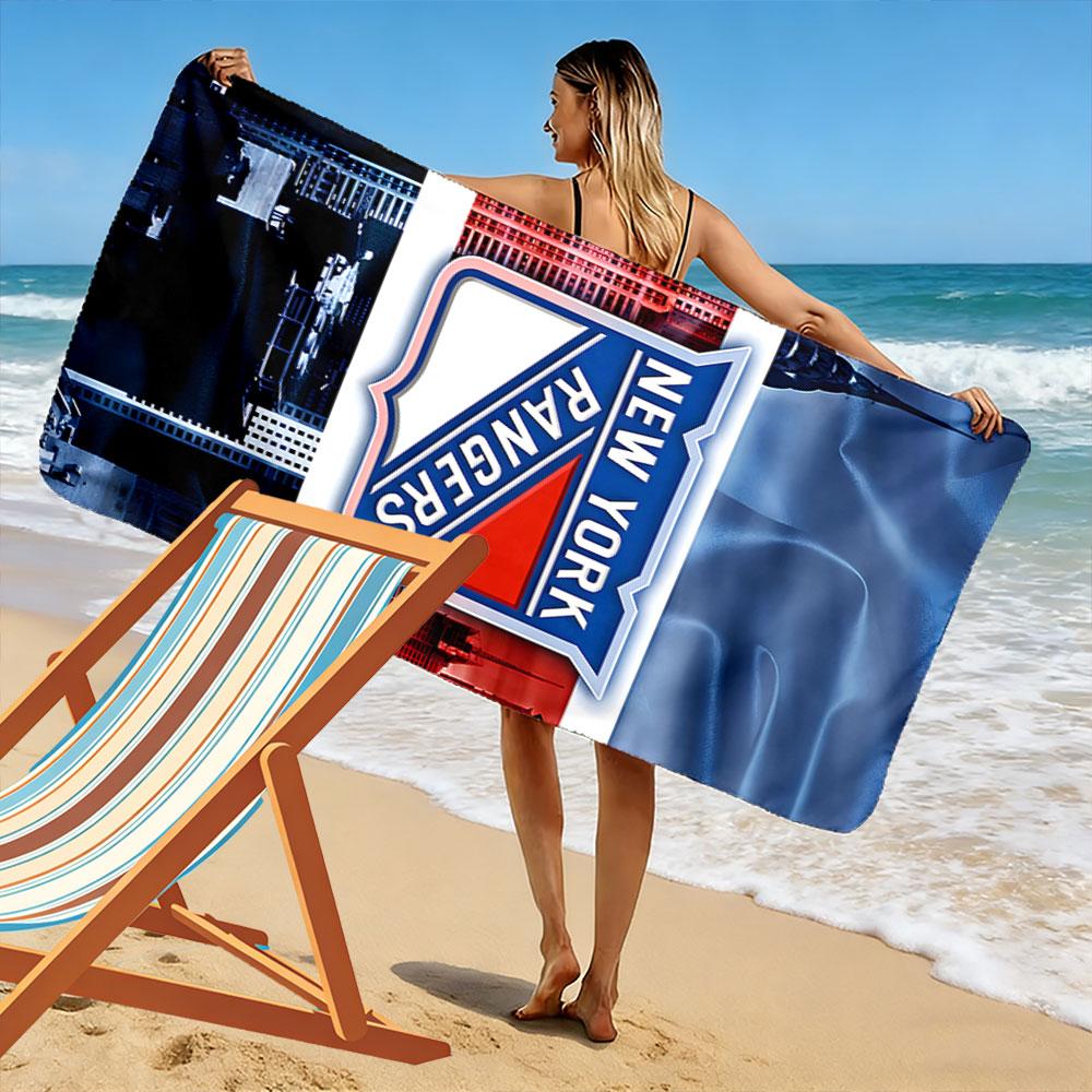 New York Rangers Logo with Cityscape Patterned beach towel quick dry perfect for travel outdoor sports jogging the beach and swimming