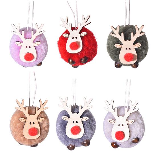 Pom Pom Reindeer Christmas Ornament Plush Elk Hanging Ornaments Wooden Deer Slices Xmas Tree Pendants for Home Party Holiday Decor
