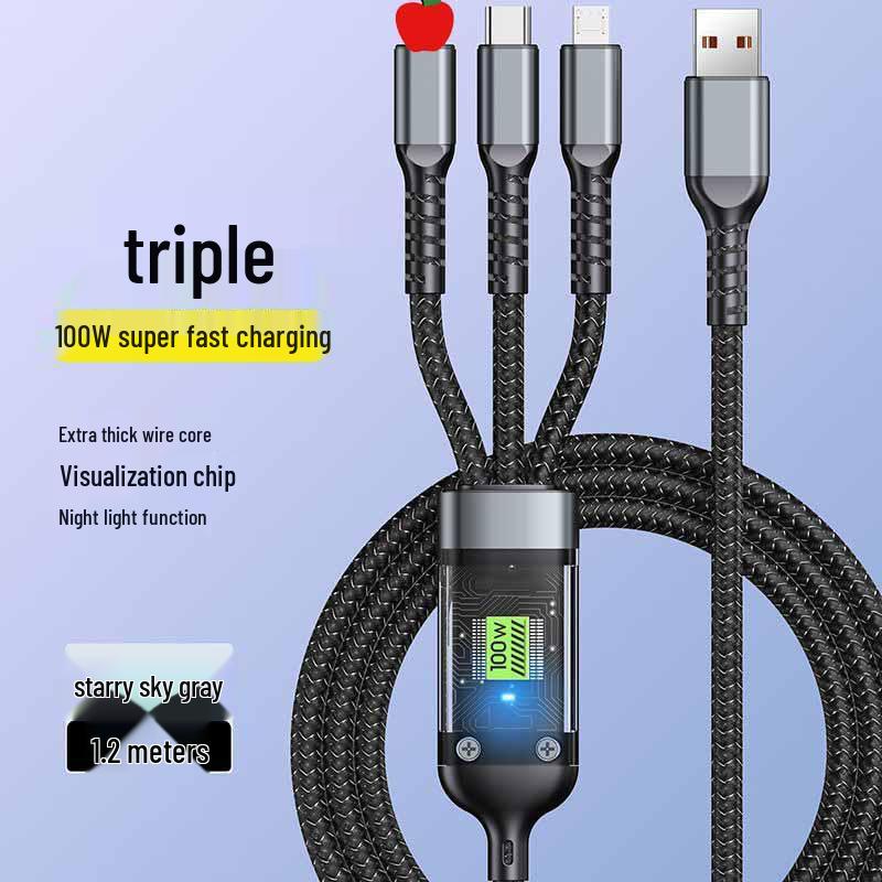 100 Вт Прозрачный кабель Super Fast Charging 3-в-1 для Apple, Huawei, Vivo, Android-устройств