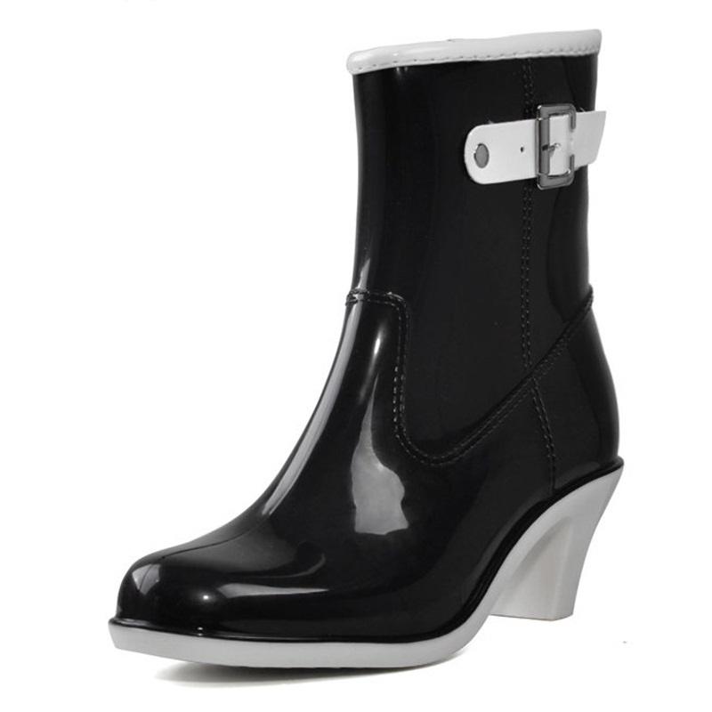 Женская обувь, женские резиновые сапоги до середины икры, модные резиновые водонепроницаемые сапоги на толстом каблуке