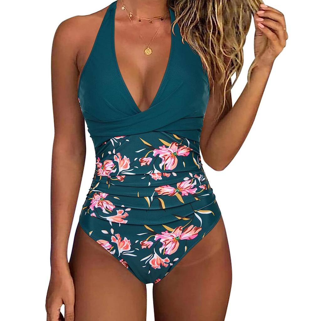 Sexy V-Neck Swimsuit One Piece Swimwear Women Fashion Print Pushup Bathing Suits Plunging Monokini Summer Beachwear