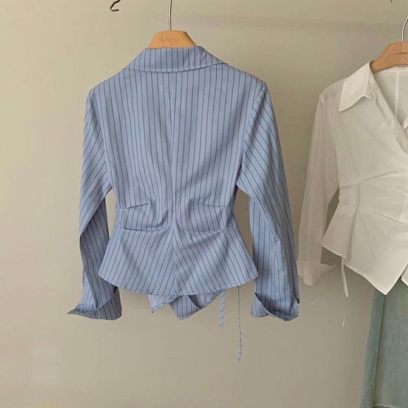 Женская мода ретро полосатый принт рюшами нерегулярный дизайн рубашки офис леди элегантный шнуровка блузка повседневный длинный рукав тонкий топ