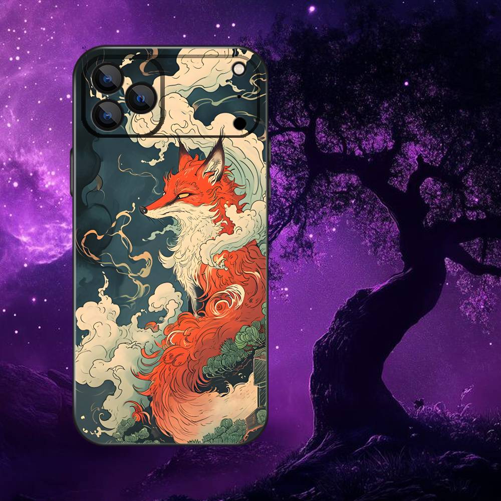 Nine tailed fox Phone Case For iPhone 17,16,15,14,13,12,Pro,Max,Plus,E,SE4,Air,Mini Black Soft Box