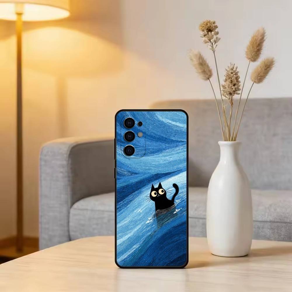 Милая иллюстрация черного кота Чехол для телефона Для Samsung S25, S24, S21, S22, S23, S30, Ultra, S20, Plus, Fe, Мягкий силиконовый черный чехол