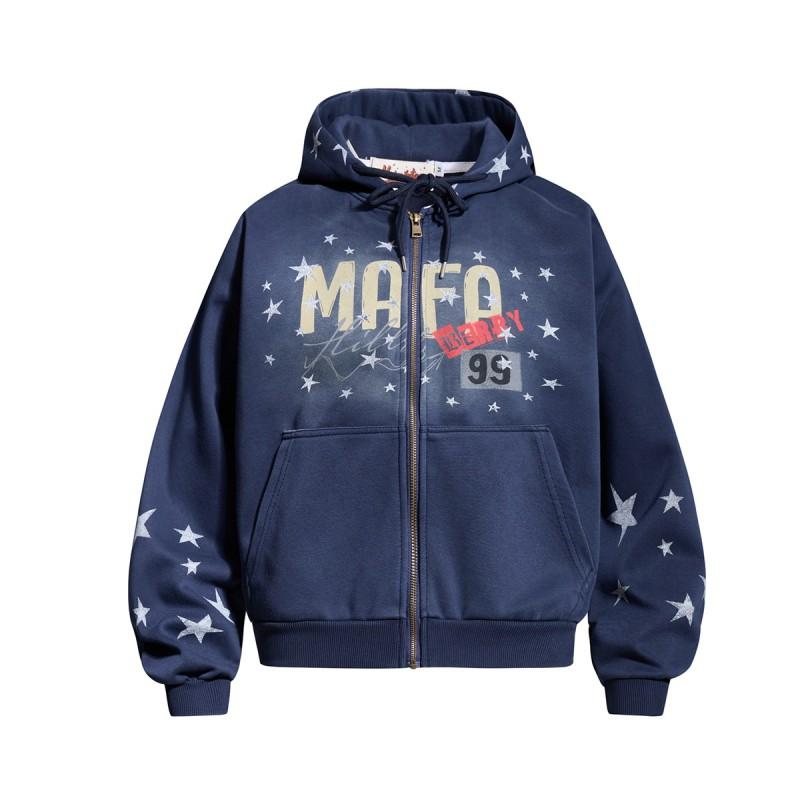 Mens Oversized Hooded Zip-Up Sweatshirt With Star Print Cotton Streetwear Pullover Casual Wear