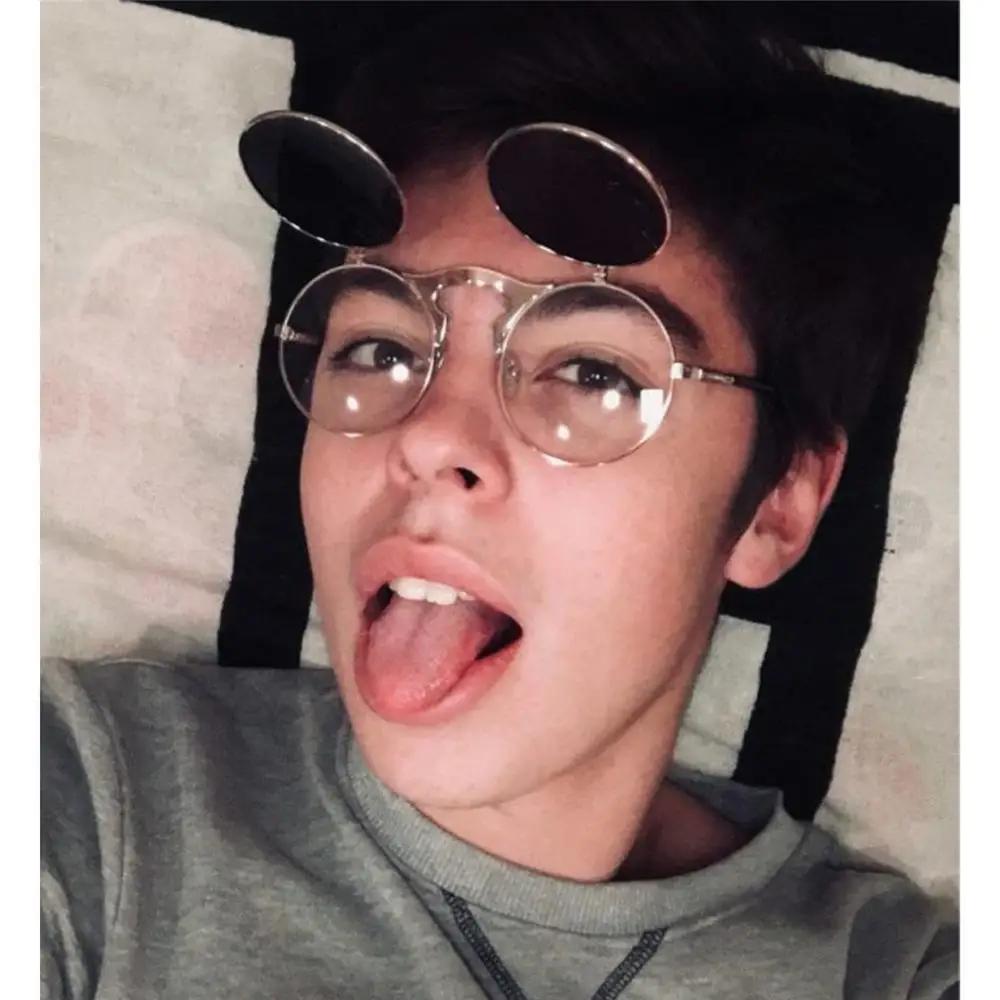 Ретро Очки-флип раунд Мужские Женские Металлические Стиль Стимпанк Солнцезащитные очки Мужские Женские Двойные Круглые Прозрачные Линзы Очки